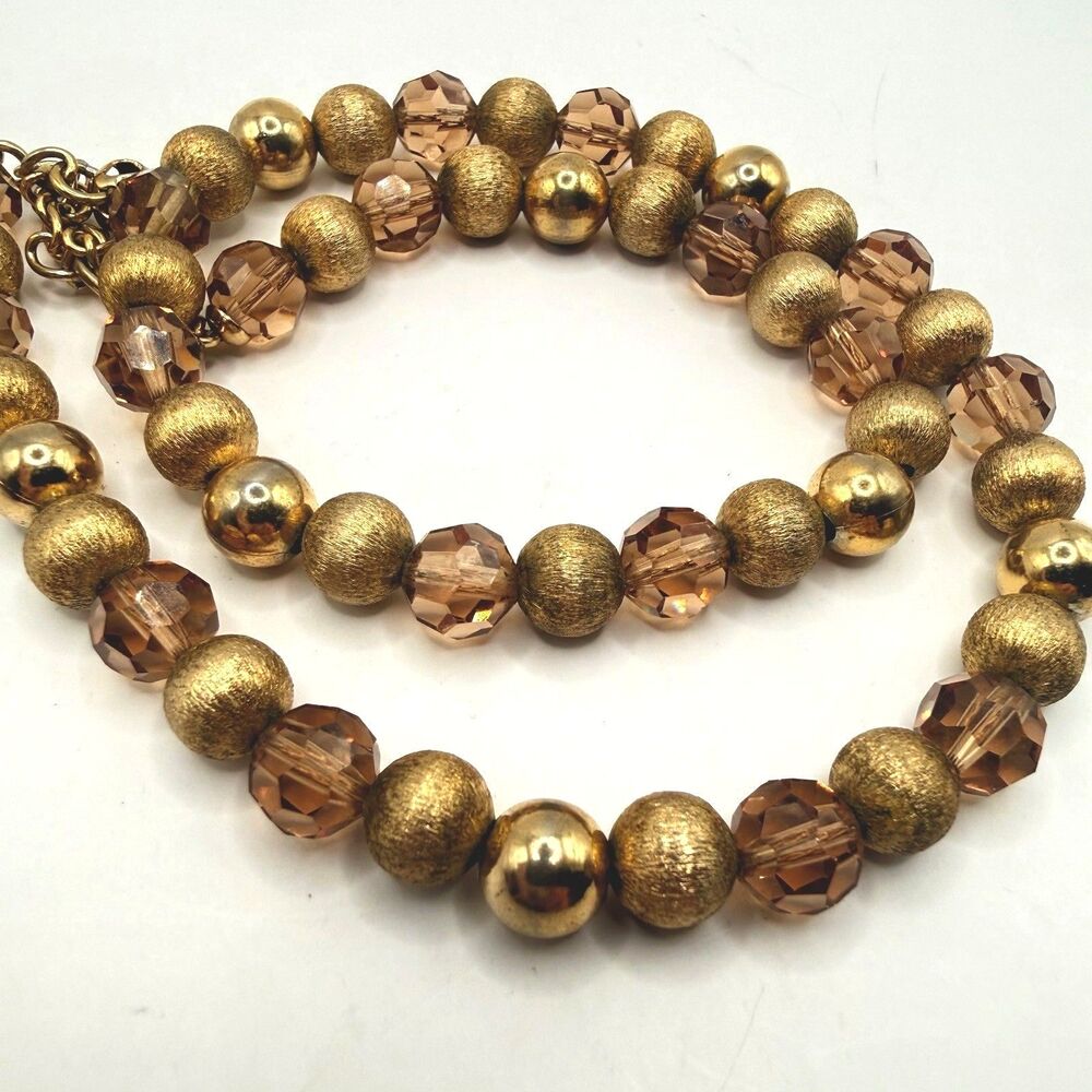 Vintage Napier Gold Amber Tone Brushed Round Bead Crystal Necklace Signed 16-18
